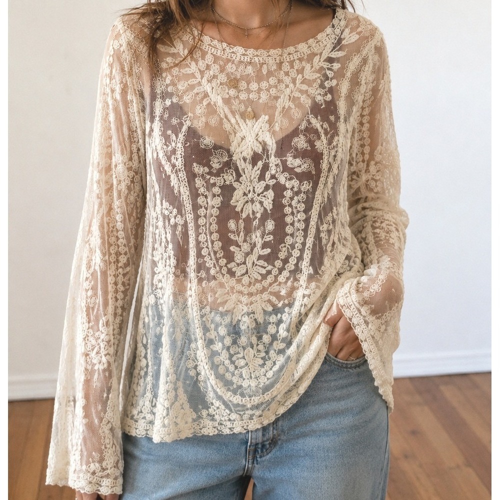 Vivid Collection Ivory Lace Top OS Hippie Romantic Sheer Floral Festival Fairy